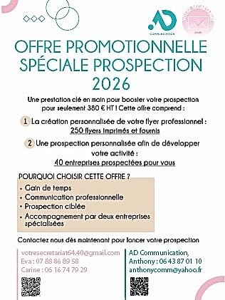 C’est partie pour une nouvelle offre en collaboration avec AD communication ! Création et impression de 250 flyers ainsi que 40 entreprises prospectées pour vous.
