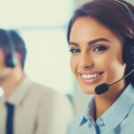 a happy, smiling woman as she efficiently works in a call center, creating a vibrant and dynamic professional atmosphere. generative ai.