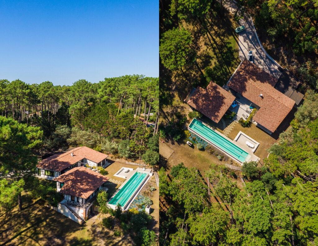 Vue aérienne drone d’un centre sportif professionnel entouré de pins dans les Landes, avec terrains et installations sportives