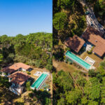 Vue aérienne drone d’un centre sportif professionnel entouré de pins dans les Landes, avec terrains et installations sportives