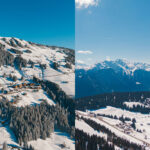 Montagne enneigée avec pistes de ski et vue depuis un appartement, idéale pour location de vacances à la montagne