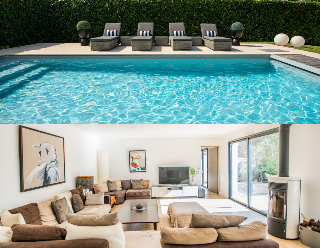 Piscine extérieure au soleil et salon lumineux visibles sur la même photo d’une maison à vendre