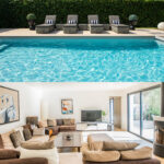 Piscine extérieure au soleil et salon lumineux visibles sur la même photo d’une maison à vendre