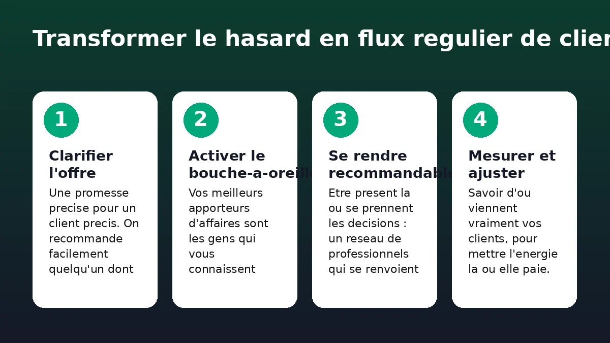Quatre etapes pour passer d'un flux de clients aleatoire a un flux regulier.
