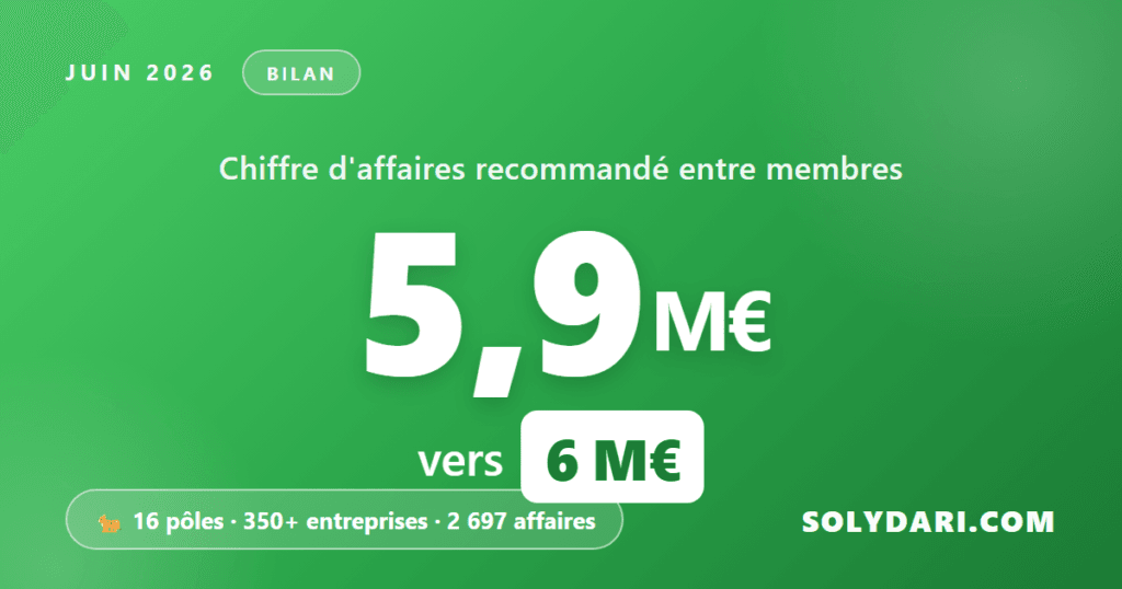 Solydari approche le cap des 6 millions d'euros de chiffre d'affaires recommande entre 350 entreprises membres, avec 2 697 affaires validees sur 16 poles actifs en juin 2026