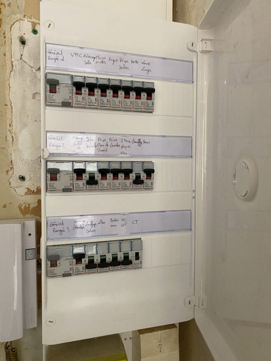 Tableau électrique neuf à trois rangées, câblé et repéré par ETL Elec et Clim