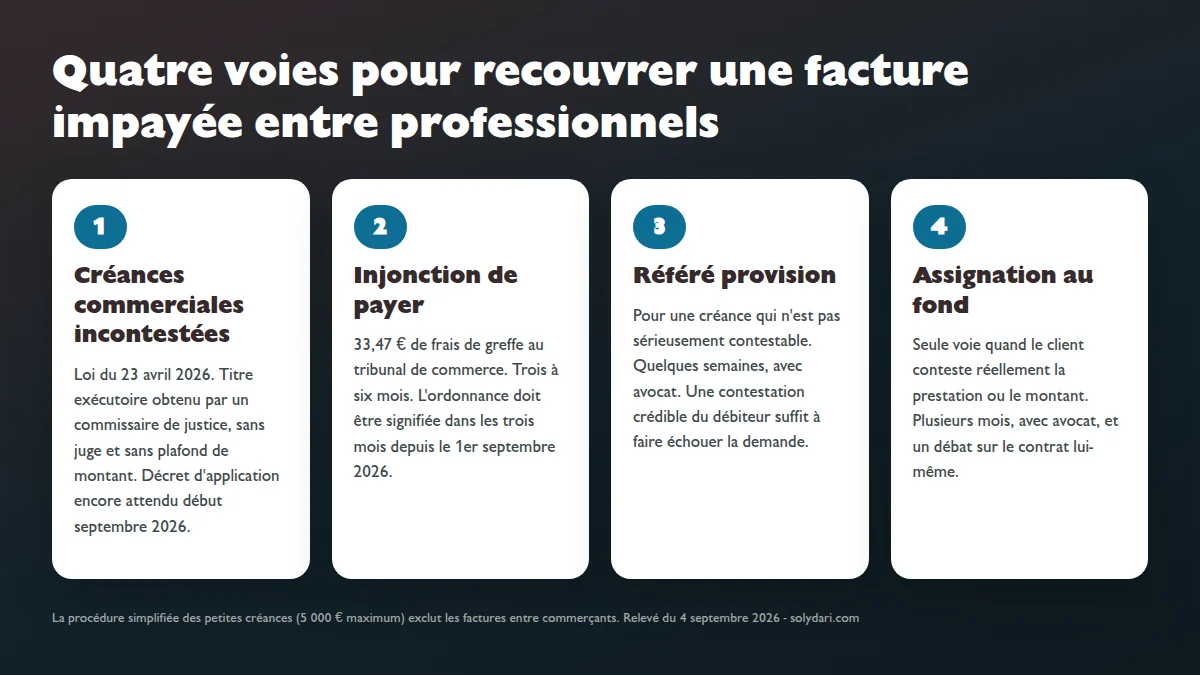 Les quatre voies de recouvrement d'une facture impayée entre entreprises en 2026 : procédure déjudiciarisée, injonction de payer, référé provision, assignation au fond