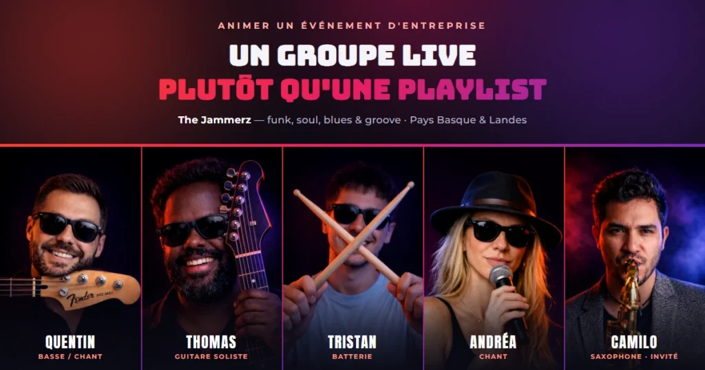 The Jammerz, groupe de musique funk et soul du Pays Basque, en formation à cinq pour animer une soirée d'entreprise