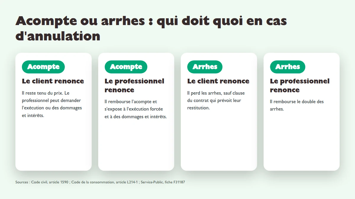 Infographie : ce que l'acompte et les arrhes engagent quand le client ou le professionnel annule un devis signé