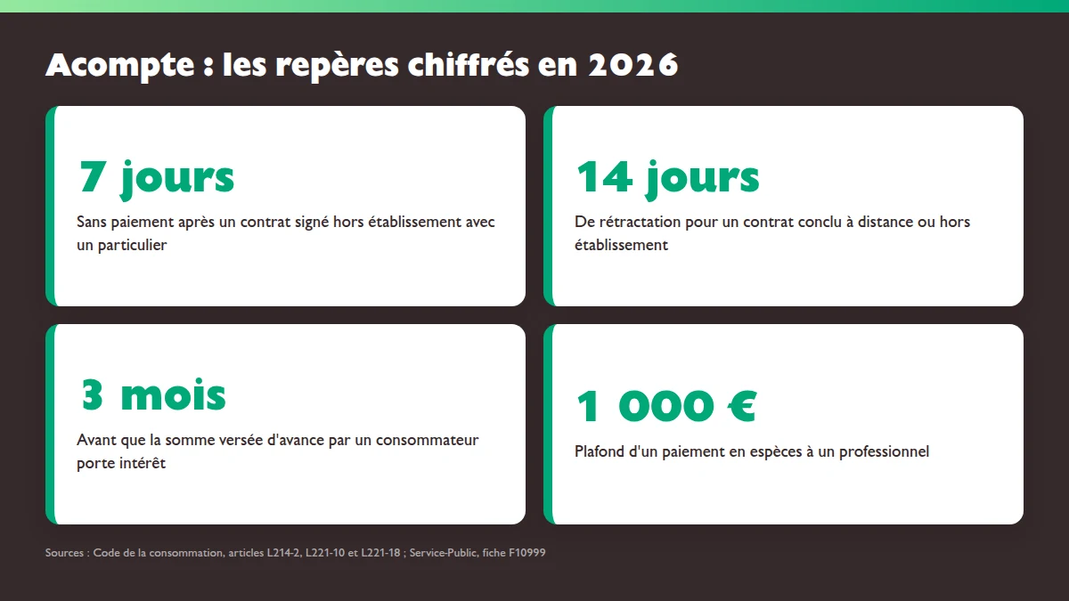 Repères chiffrés sur l'acompte en 2026 : 7 jours sans paiement hors établissement, 14 jours de rétractation, intérêts après 3 mois, 1 000 euros en espèces