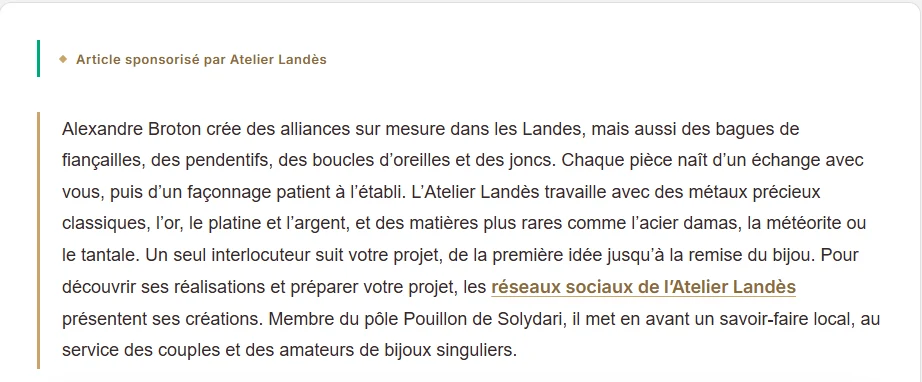 Début de l'article sponsorisé de l'Atelier Landès sur solydari.com, avec la mention Article sponsorisé par Atelier Landès en tête
