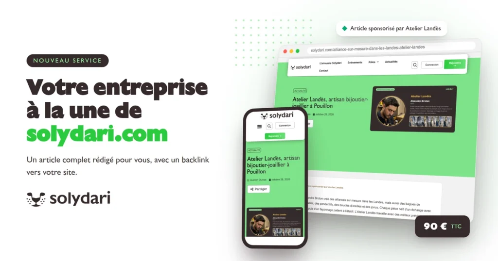 L'article sponsorisé de l'Atelier Landès affiché sur solydari.com, sur un ordinateur et un téléphone, pour présenter le service d'article sponsorisé Solydari