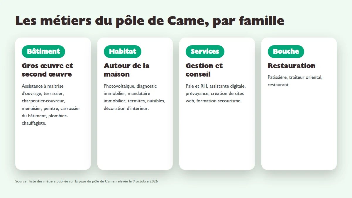 Infographie des métiers représentés au pôle Solydari de Came en octobre 2026, regroupés en bâtiment, habitat, services et restauration