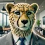 dall·e 2024 07 05 11.40.36 a professional 4k photograph of a cheetah with light green fur portrayed as a real estate agent. the cheetah is wearing a tailored suit, tie, and glas
